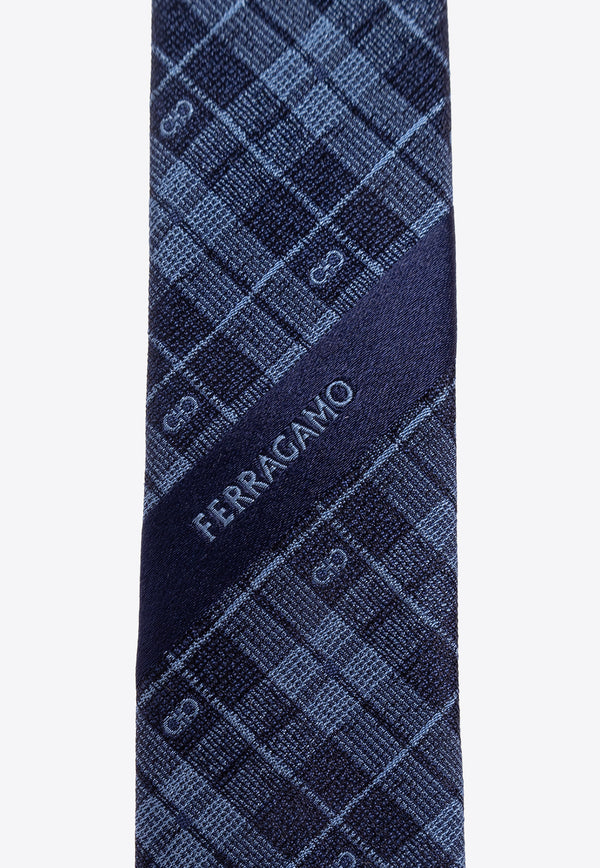 Salvatore Ferragamo Gancini Checkered Silk Tie Blue 350944 4-TEXAS7J 768449-F MARINE