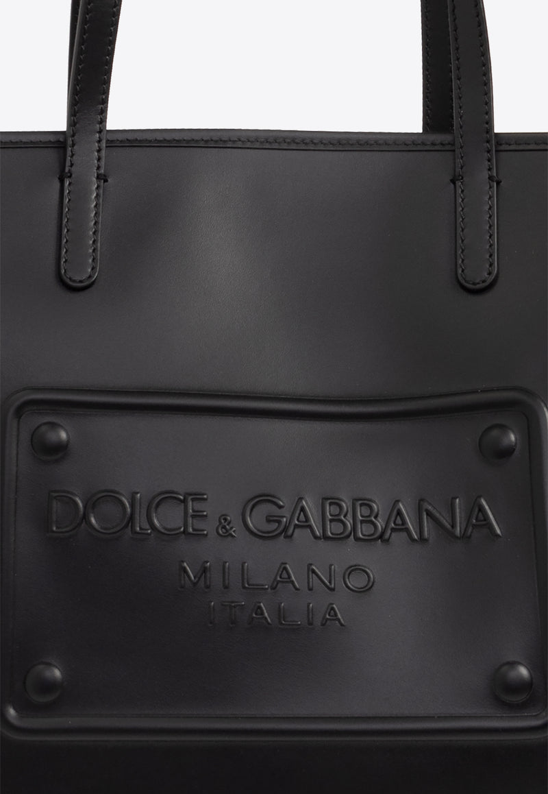 Dolce & Gabbana Embossed Logo Plaque Leather Tote Bag Black BM2274 AG218-80999