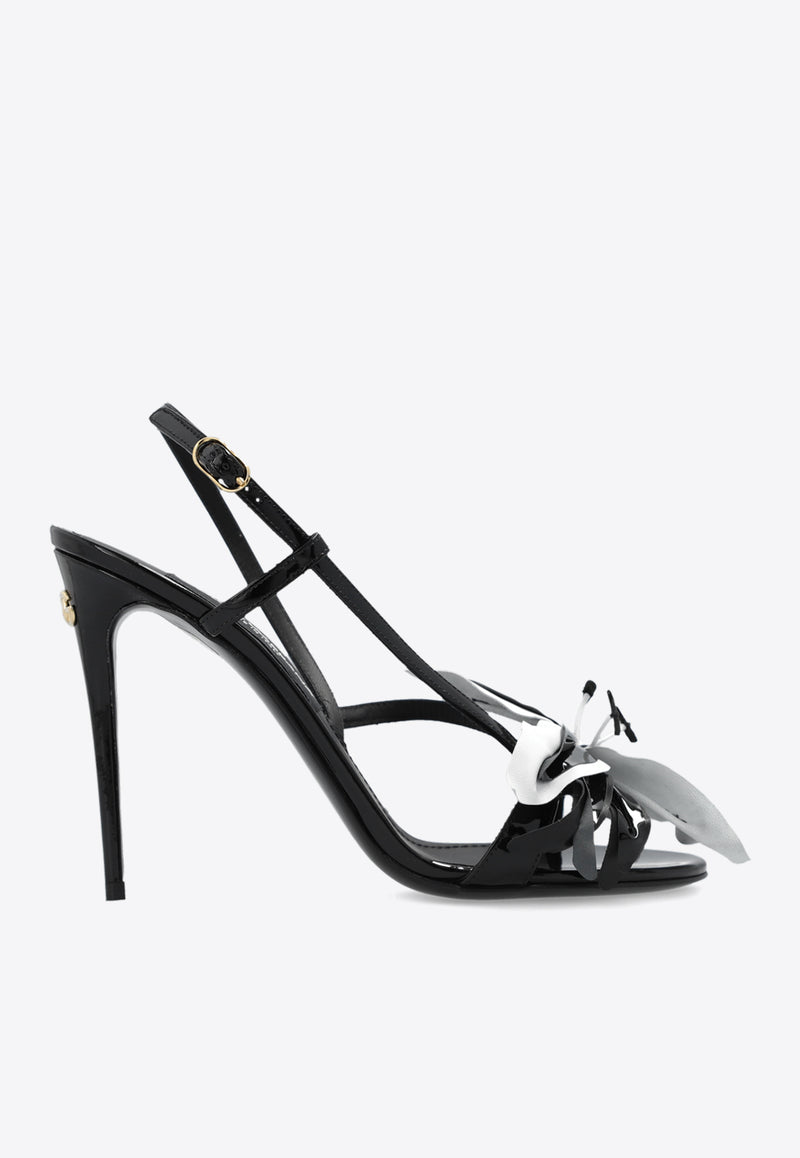 Dolce & Gabbana Keira 105 Floral Applique Sandals in Patent Leather Black CR1654 AR253-8S597