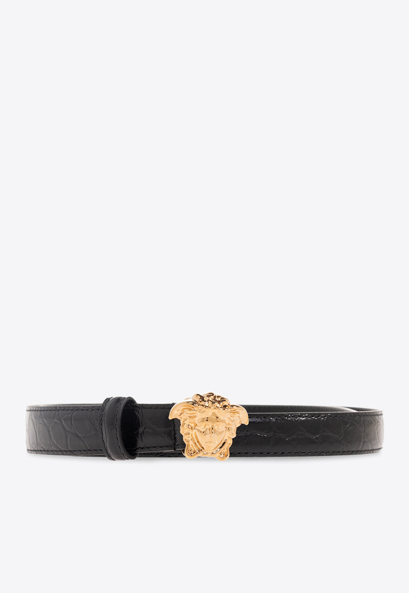 Versace La Medusa Croc-Embossed Leather Belt  Black DCDI145 1A08724-1B00V