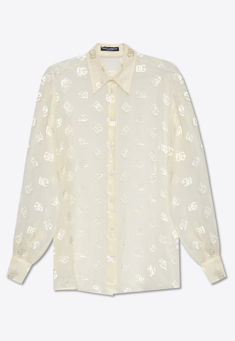 Dolce & Gabbana DG Logo Jacquard Silk Satin Sheer Shirt White F5O54T FJTBR-W3789