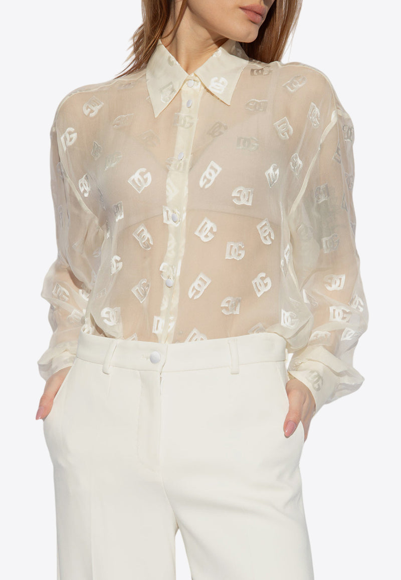 Dolce & Gabbana DG Logo Jacquard Silk Satin Sheer Shirt White F5O54T FJTBR-W3789