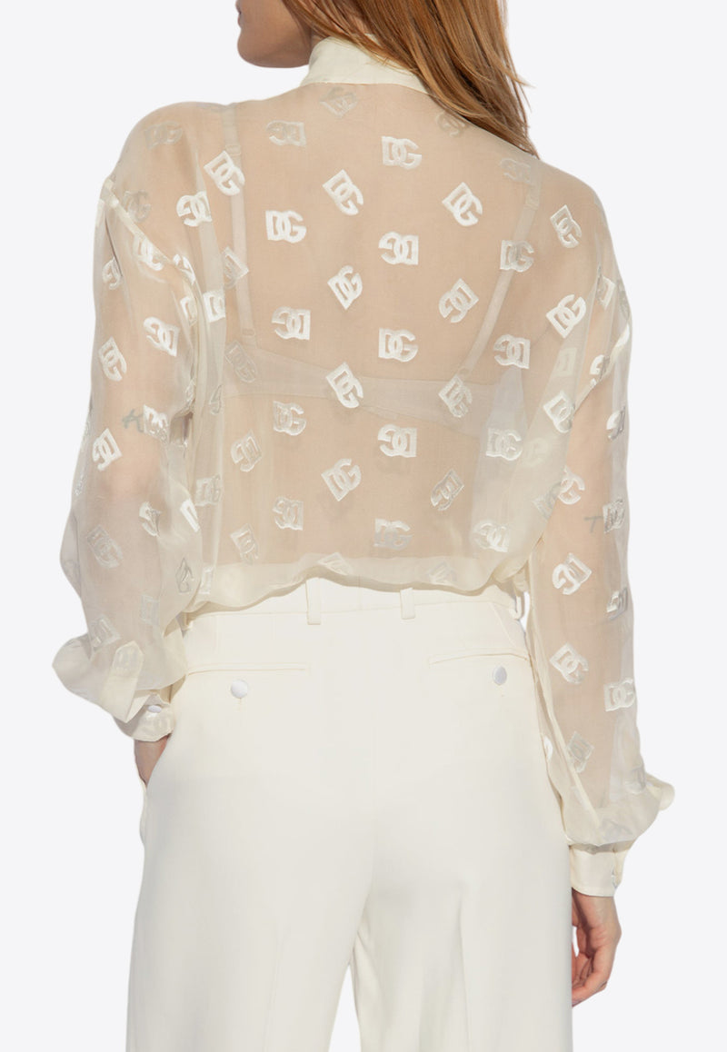 Dolce & Gabbana DG Logo Jacquard Silk Satin Sheer Shirt White F5O54T FJTBR-W3789