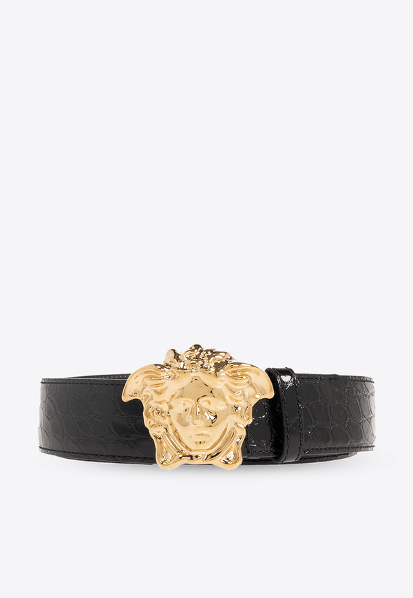 Versace La Medusa Croc-Embossed Leather Belt  Black DCU4140 1A08711-1B00V