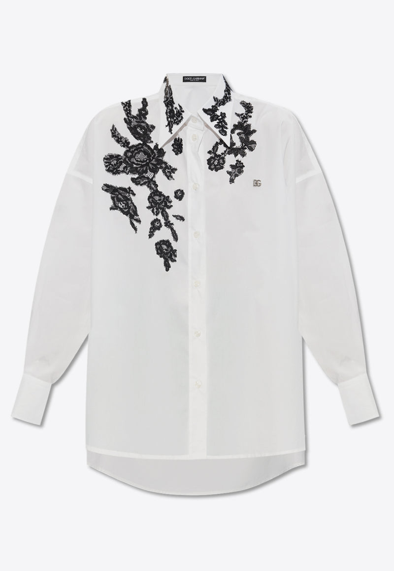 Dolce & Gabbana Floral Lace Applique Long-Sleeved Shirt White F5P62T GDB8O-W0800