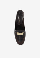 Salvatore Ferragamo Eloyde 55 Croc-Embossed Leather Mules Dark Brown 01I145 ELODYE CROC2 773209-T MORO