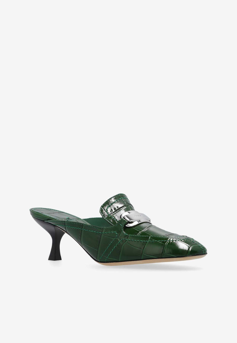 Salvatore Ferragamo Eloyde 55 Croc-Embossed Leather Mules Dark Green 01I139 ELODYE CROC 773205-FOREST GREEN