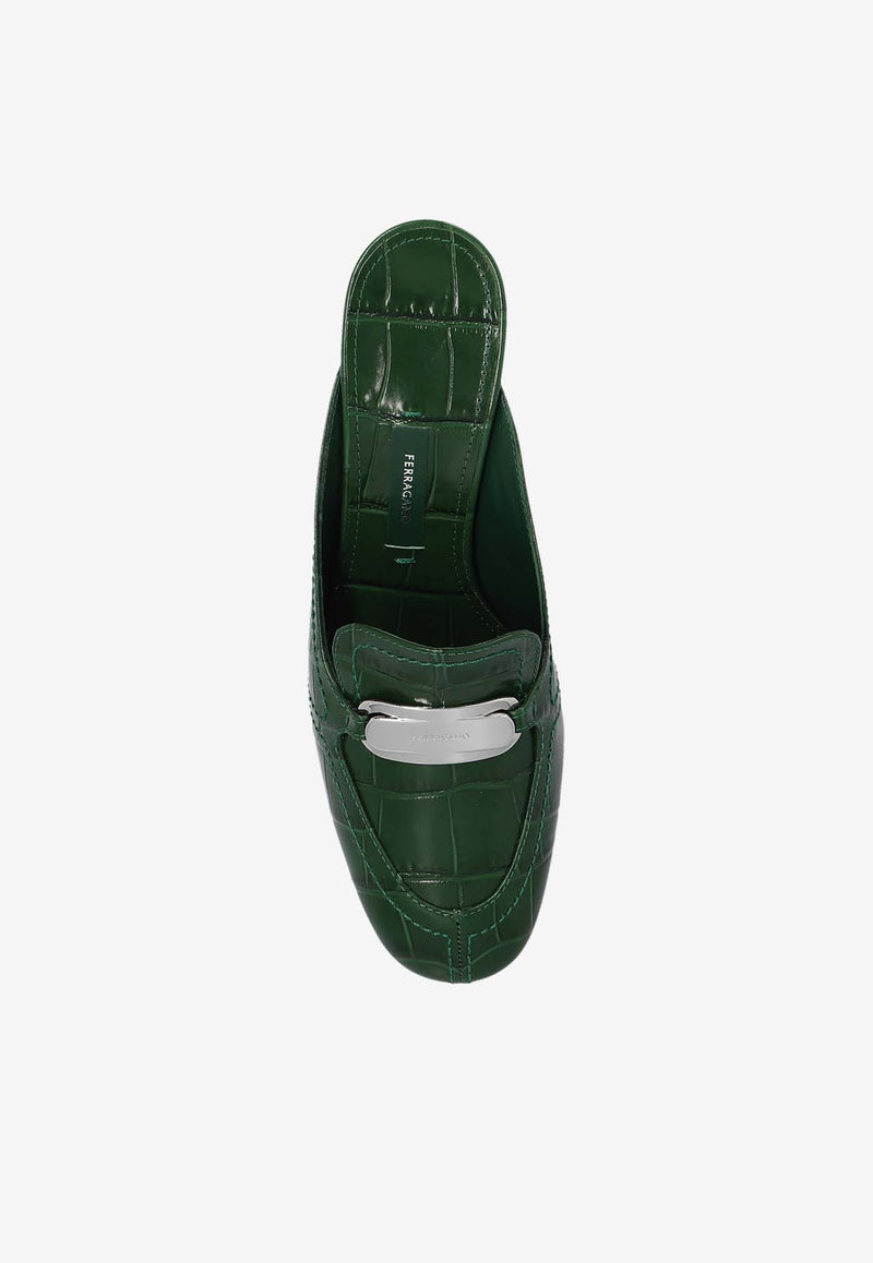 Salvatore Ferragamo Eloyde 55 Croc-Embossed Leather Mules Dark Green 01I139 ELODYE CROC 773205-FOREST GREEN