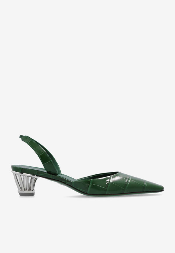 Salvatore Ferragamo Alyssa 40 Cage Heel Slingback Pumps in Croc-Embossed Leather Green 01I637 ALYSSA 40 C 773883-FOREST GREEN