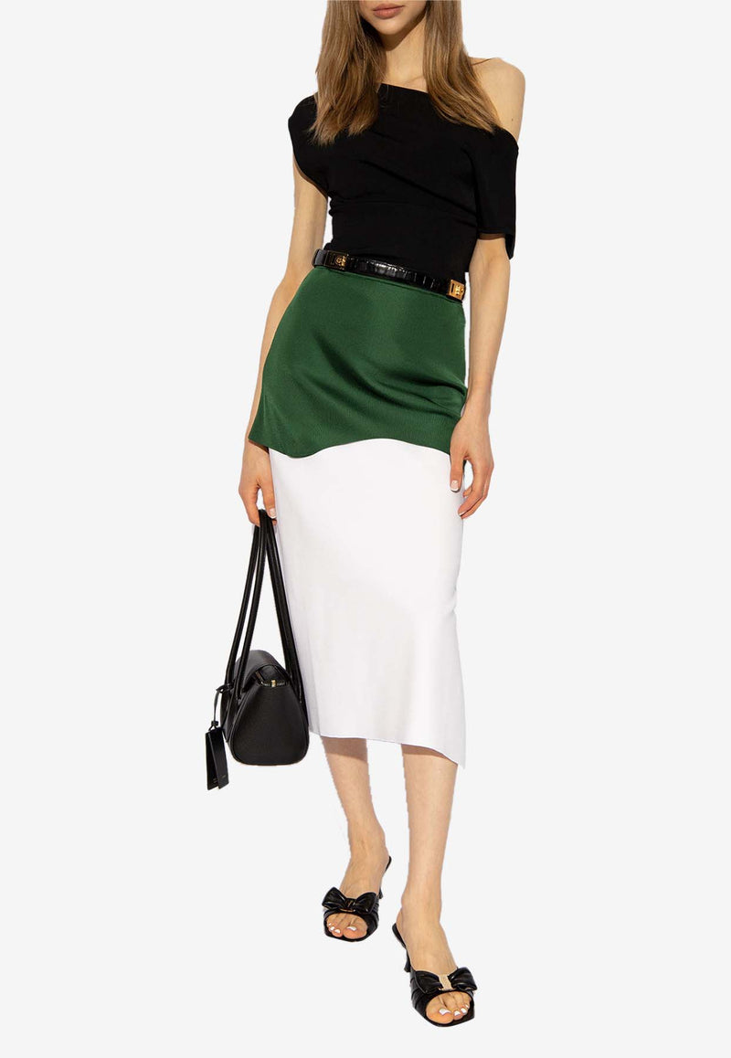 Salvatore Ferragamo Colorblocked Midi Skirt Dark Green 112774 S 773535-WHITE FOREST GREEN