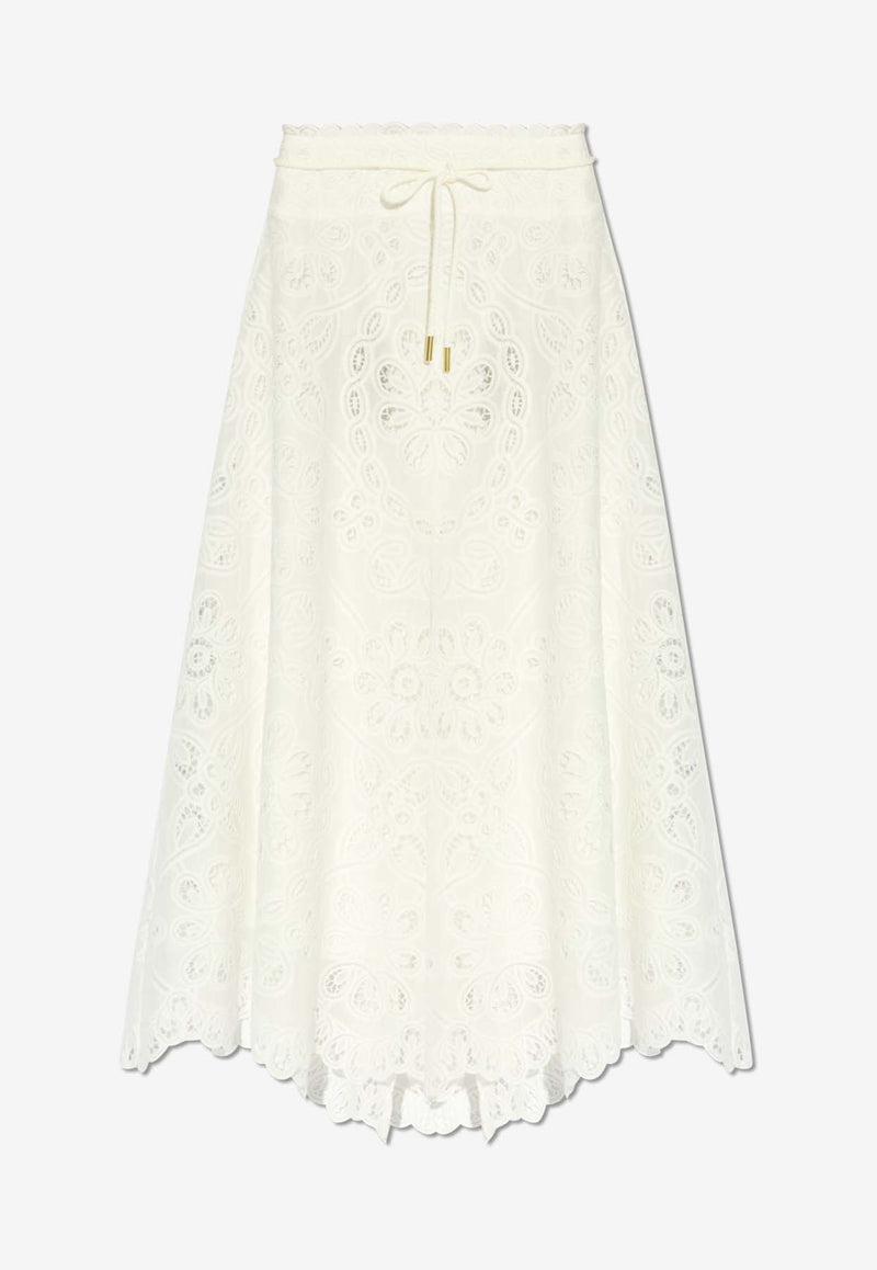 Zimmermann Ottie Flared Lace Midi Skirt White 1301SSS242 0-IVO