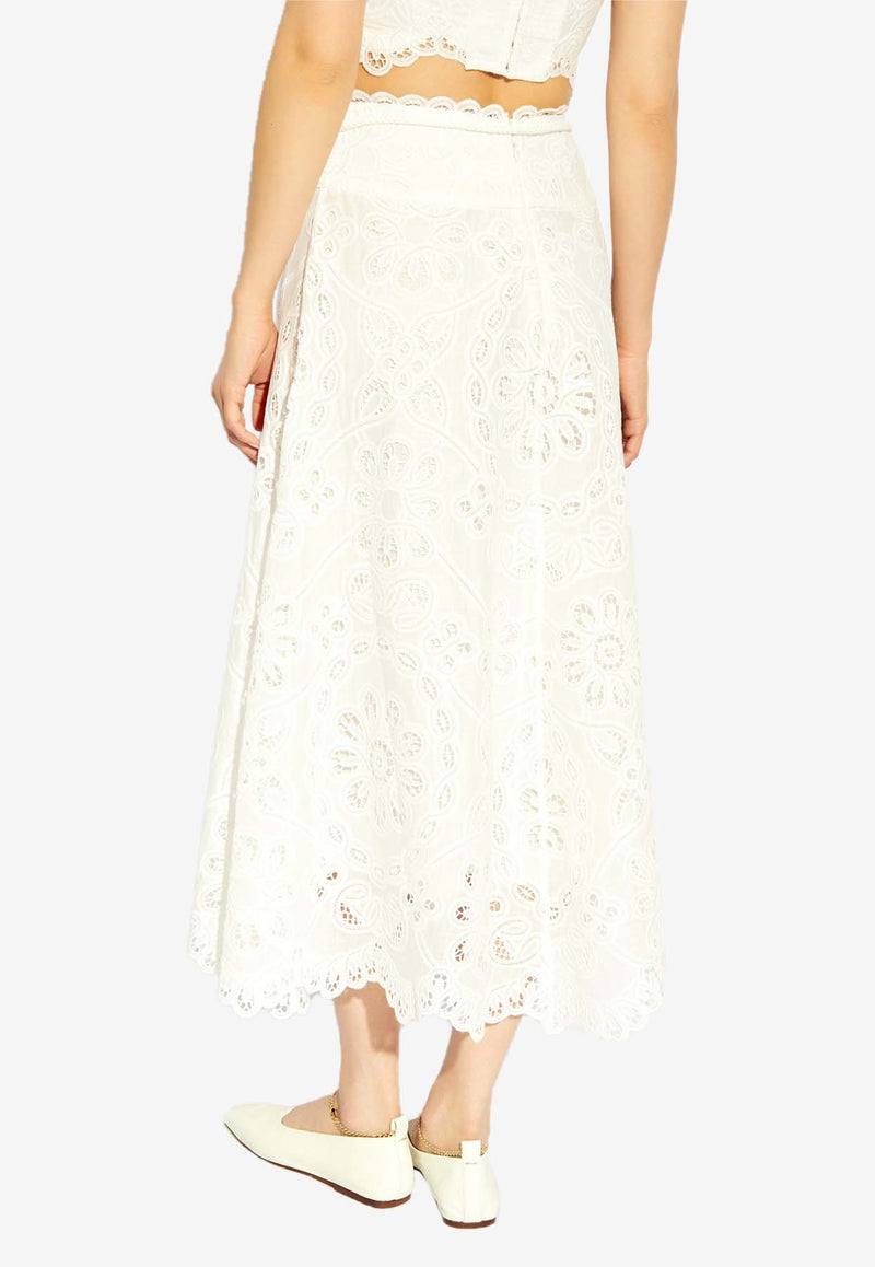 Zimmermann Ottie Flared Lace Midi Skirt White 1301SSS242 0-IVO