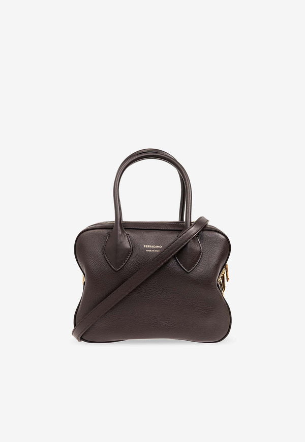 Salvatore Ferragamo Small Star Grained Leather Top Handle Bag Brown 218958 STAR TH 773342-TESTA DI MORO