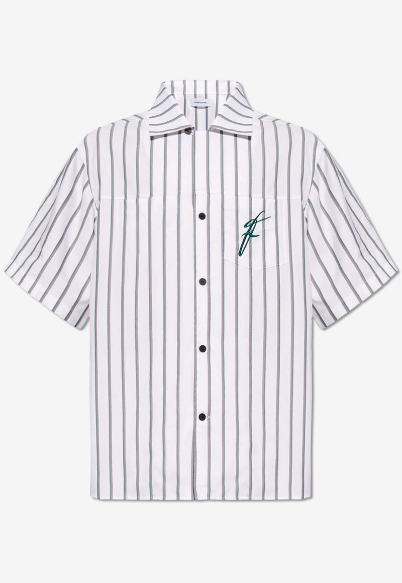 Salvatore Ferragamo Striped Logo Bowling Shirt White 143806 D 773481-WHITE F GREEN ASH GREY