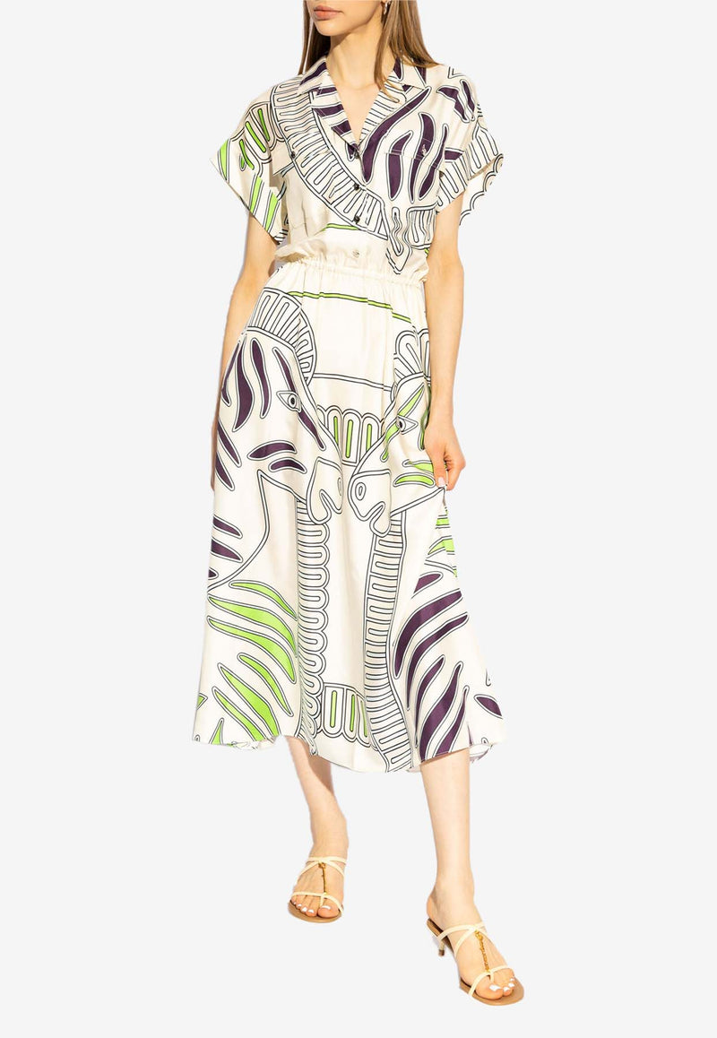 Tory Burch Printed Silk Midi Shirt Dress White 159728 0-253