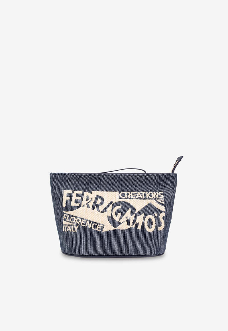 Salvatore Ferragamo Logo Embroidered Denim Pouch Bag Blue 220688 POUCH 773824-DENIM NATURALE