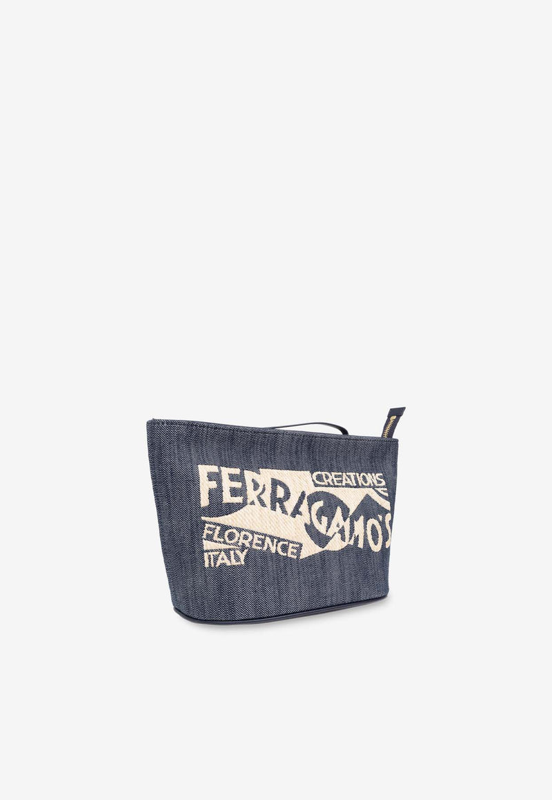 Salvatore Ferragamo Logo Embroidered Denim Pouch Bag Blue 220688 POUCH 773824-DENIM NATURALE