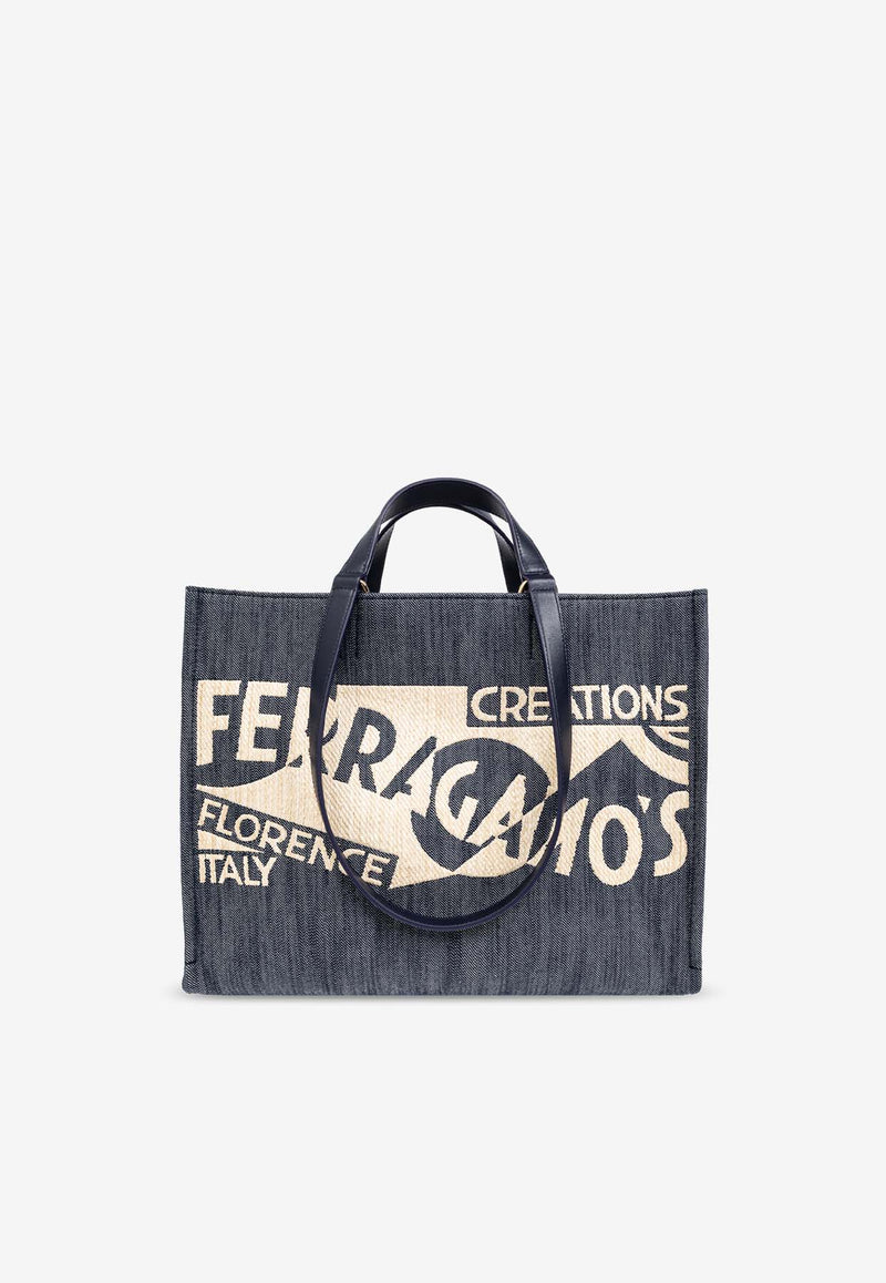 Salvatore Ferragamo Medium Sign Logo Denim Tote Bag Blue 219406 TT SIGN M 773820-DENIM NATURALE