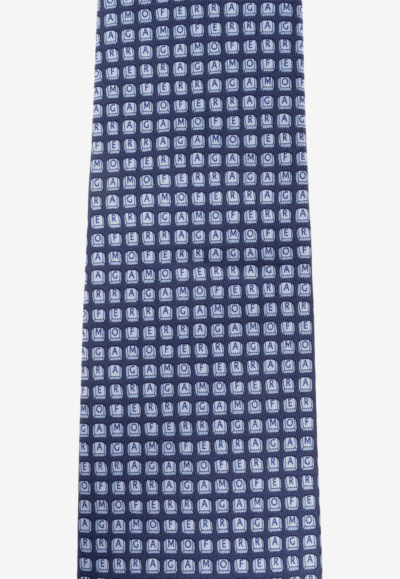 Salvatore Ferragamo Logo Pattern Silk Tie Blue 350951 4-TASTO 768635-F NAVY