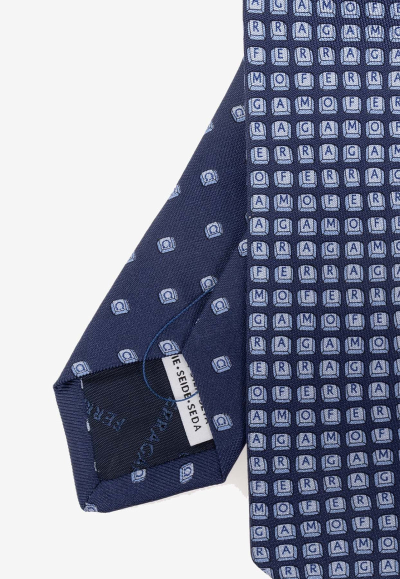 Salvatore Ferragamo Logo Pattern Silk Tie Blue 350951 4-TASTO 768635-F NAVY