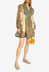 Zimmermann Ottie Plunge Linen Long-Sleeved Mini Dress Multicolor 7043DSS242 0-MPAI