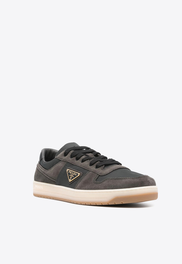 Prada Enamel-Triangle Suede Sneakers Beige 2EE364FD0023KUY_F0ENR