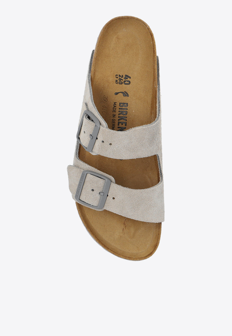 Birkenstock Arizona Two-Strap Suede Slides Gray 1027687 0-STONE COIN