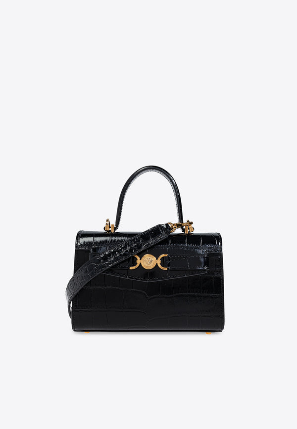 Versace Small Medusa 95 Top Handle Bag in Croc-Embossed Leather Black 1013824 1A08724-1B00V