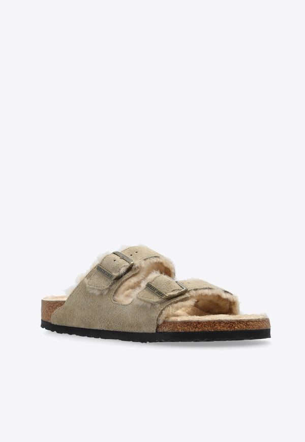 Birkenstock Arizona Two-Strap Shearling Slides Beige 1028226 0-TAUPE