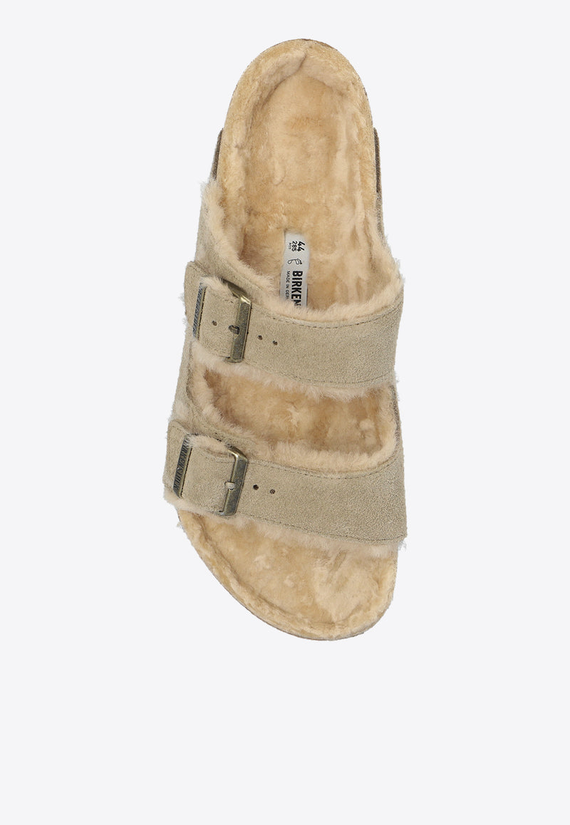 Birkenstock Arizona Two-Strap Shearling Slides Beige 1028226 0-TAUPE