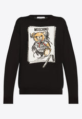 Moschino Drawn Teddy Bear Rib Knit Sweater Black 242E V0925 5506-0555