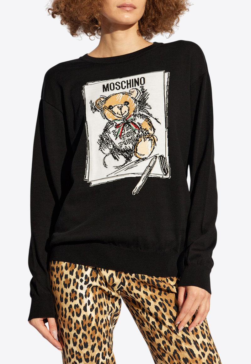 Moschino Drawn Teddy Bear Rib Knit Sweater Black 242E V0925 5506-0555