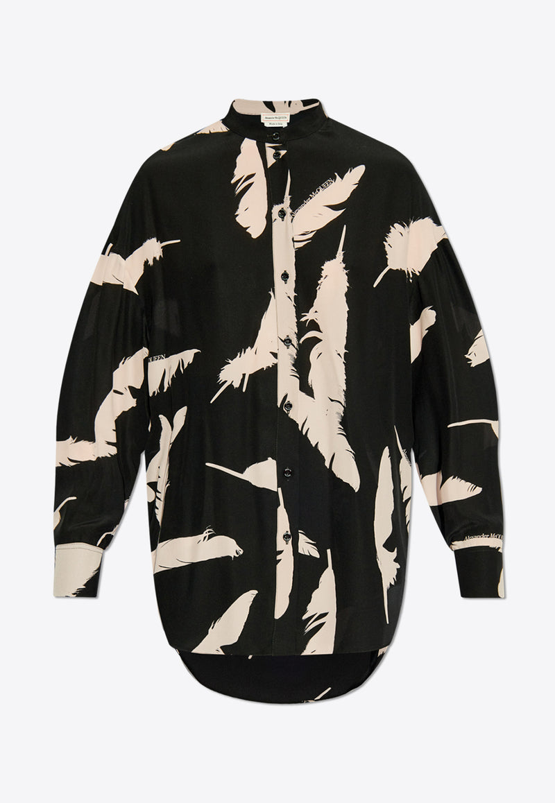 Alexander McQueen Feather Cocoon-Print Long-Sleeved Silk Shirt Black 757355 QCALD-1293