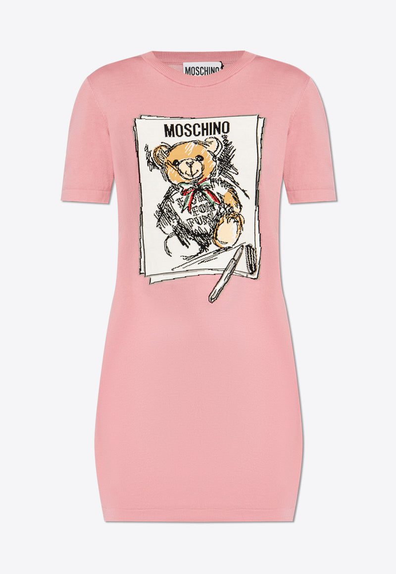 Moschino Drawn Teddy Bear Print Mini T-shirt Dress Pink 242E V0494 5506-0181