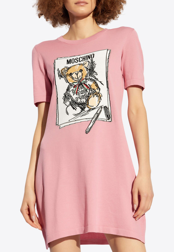 Moschino Drawn Teddy Bear Print Mini T-shirt Dress Pink 242E V0494 5506-0181