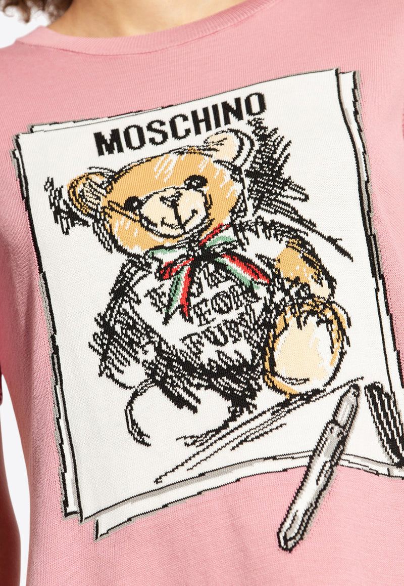 Moschino Drawn Teddy Bear Print Mini T-shirt Dress Pink 242E V0494 5506-0181