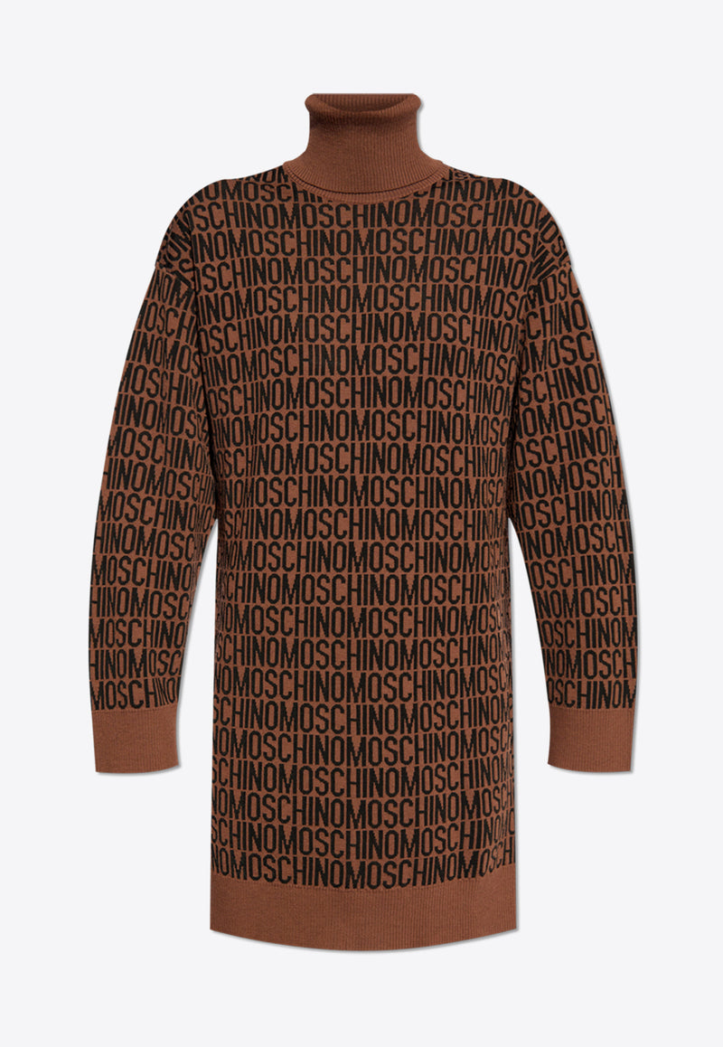 Moschino Monogram Jacquard Turtleneck Mini Dress Brown 242EM A0480 7700-1103