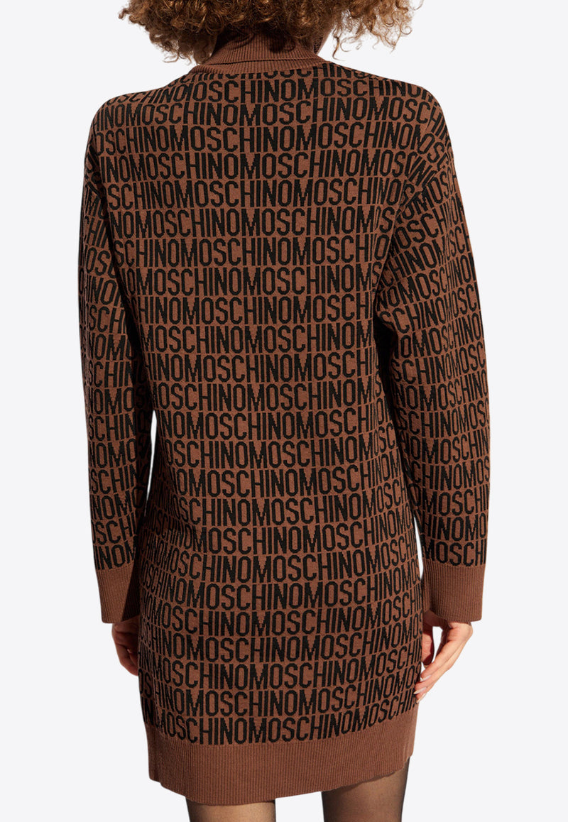 Moschino Monogram Jacquard Turtleneck Mini Dress Brown 242EM A0480 7700-1103