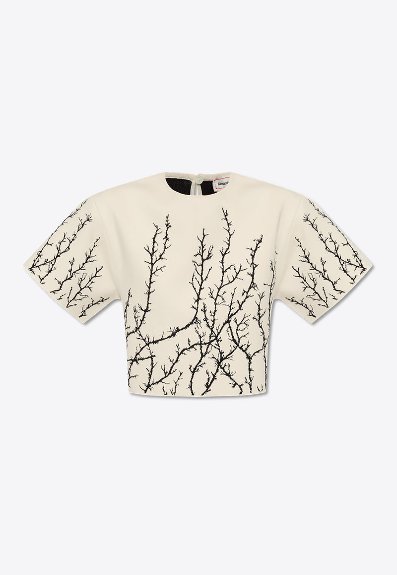 Alexander McQueen Thorn Branches Short-Sleeved Crop Top Cream 798371 Q1BAU-9009