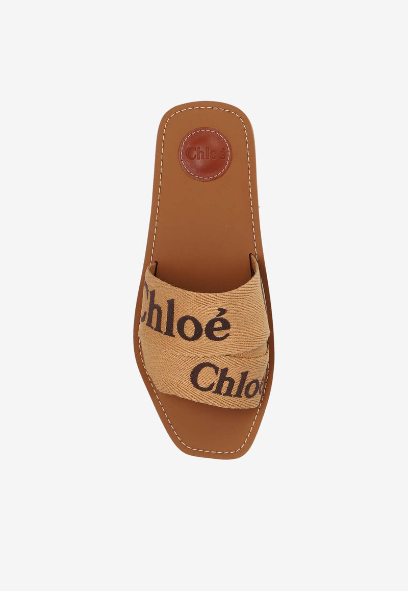 Chloé Woody Logo Embroidered Slides Beige CHC23U188 EF-2Y4