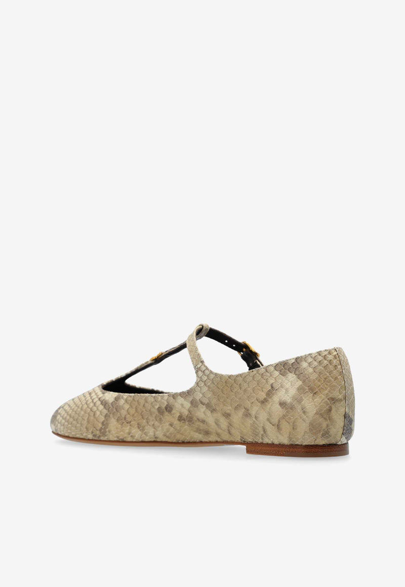 Chloé Marcie Mary-Jane Python Print Leather Ballet Flats Beige CHC24A02N NN-292