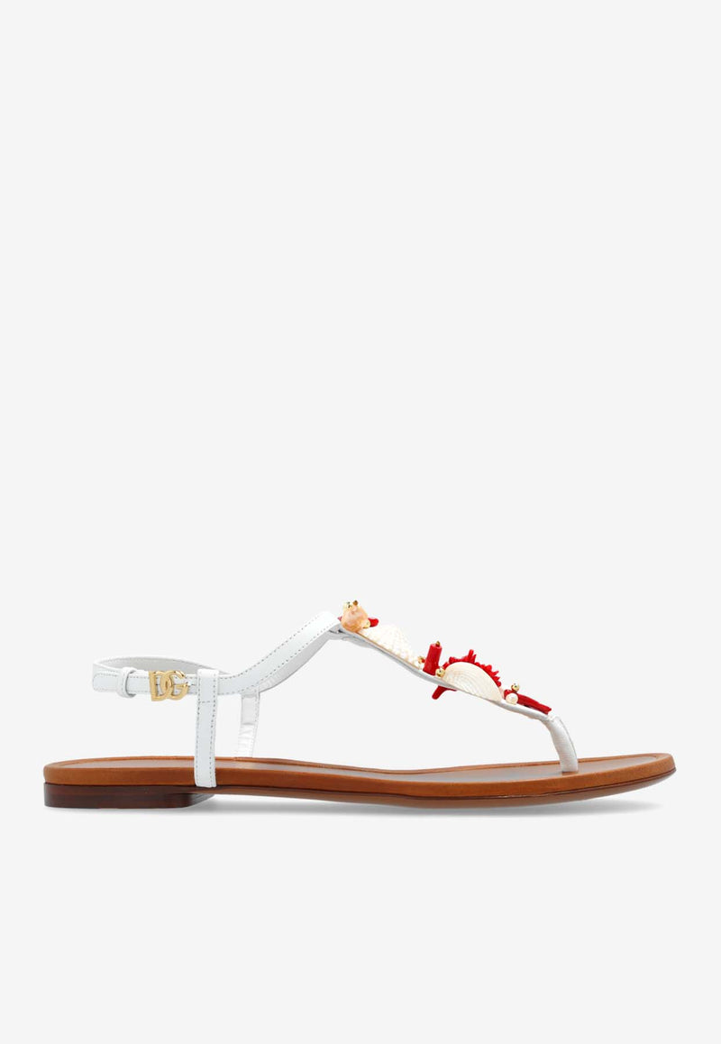 Dolce & Gabbana Coral Embellished Leather Thong Sandals White CQ0604 AW116-8V135