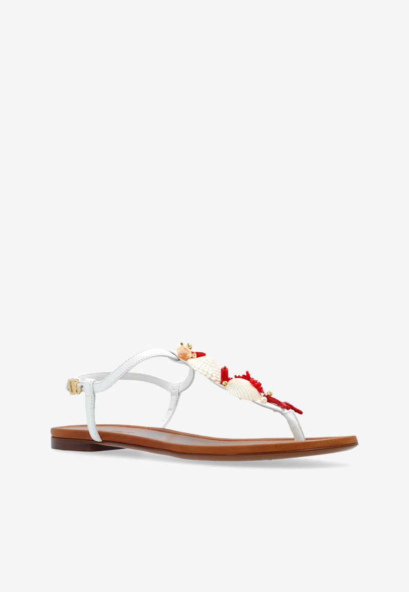 Dolce & Gabbana Coral Embellished Leather Thong Sandals White CQ0604 AW116-8V135