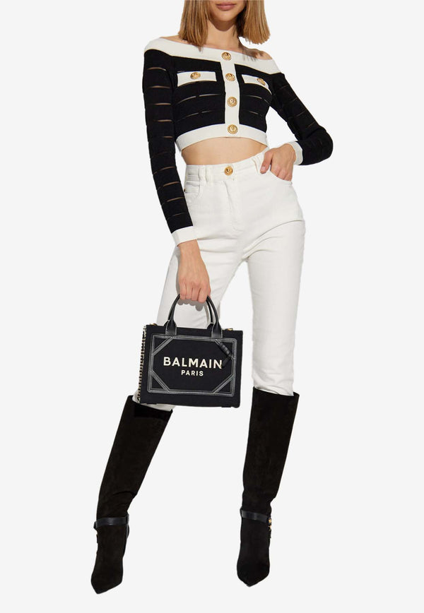 Balmain Off-Shoulder Striped Knit Cropped Top Black DF1AO155 KG59-EAB