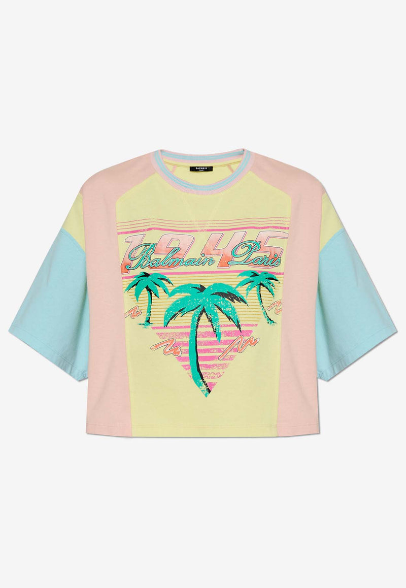 Balmain Palm Tree Print Cropped T-shirt Multicolor DF1EE081 GD72-IFT