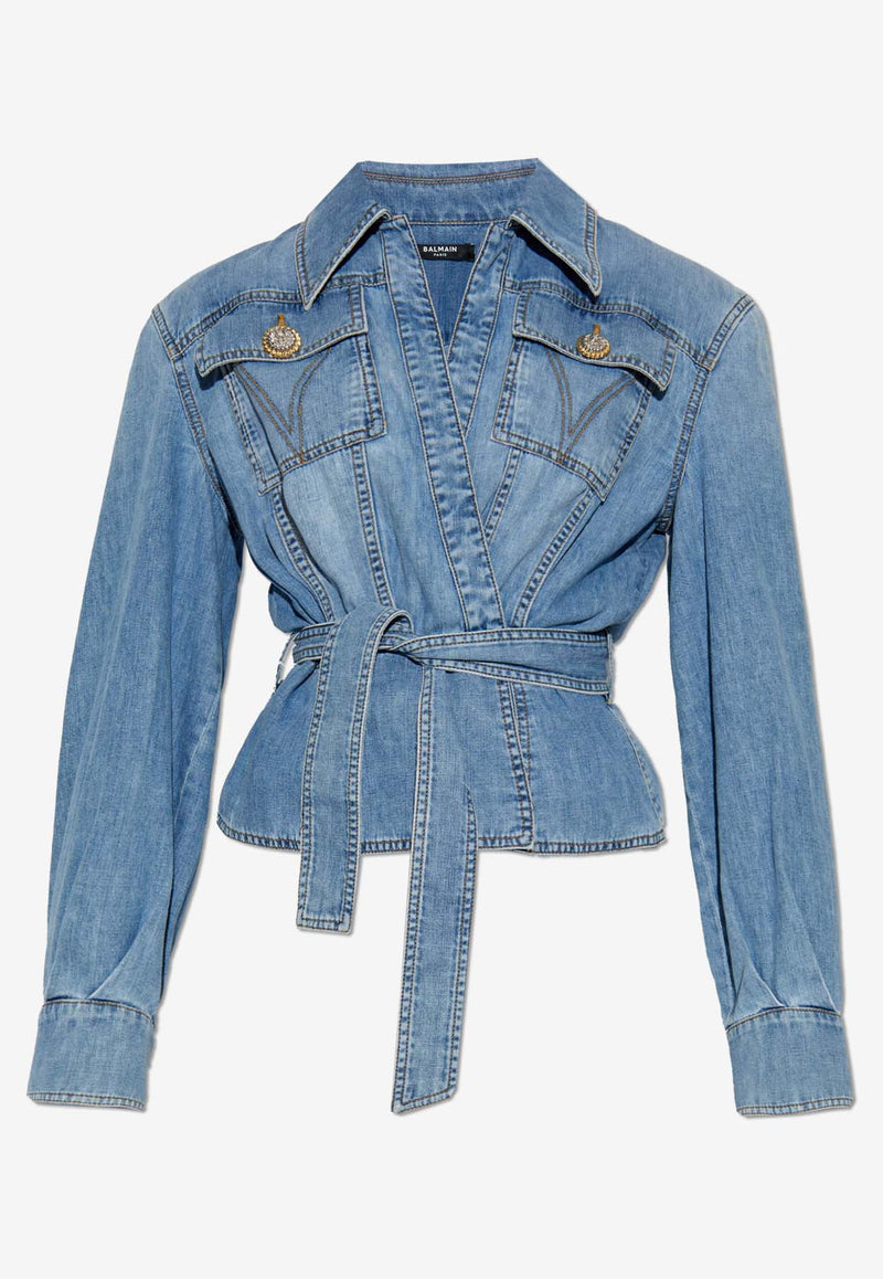 Balmain Belted Denim Shirt Blue DF1HC070 DE53-6FC