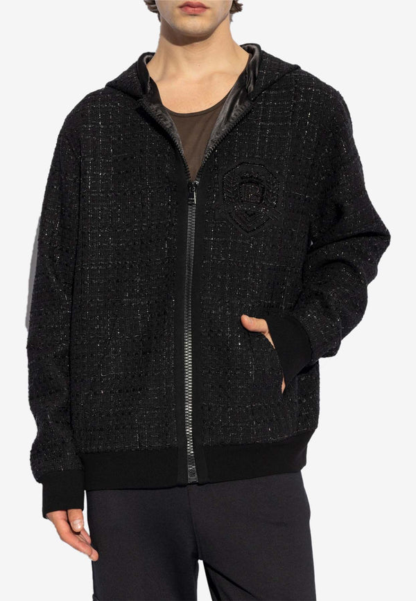 Balmain Logo Badge Tweed Hooded Sweatshirt Black DH1JT225 37CF-0PA