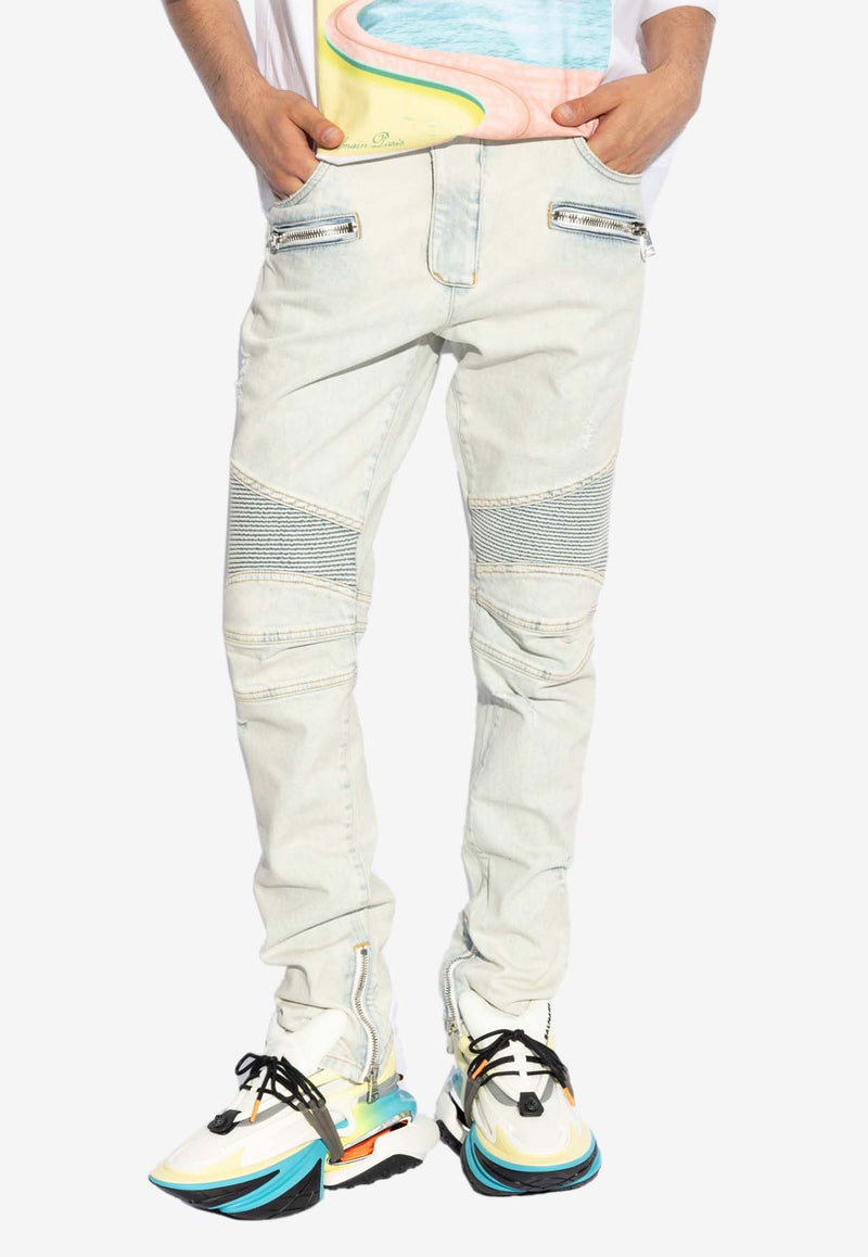 Balmain Distressed Slim Biker Jeans Blue DH1MG009 DE60-6FC