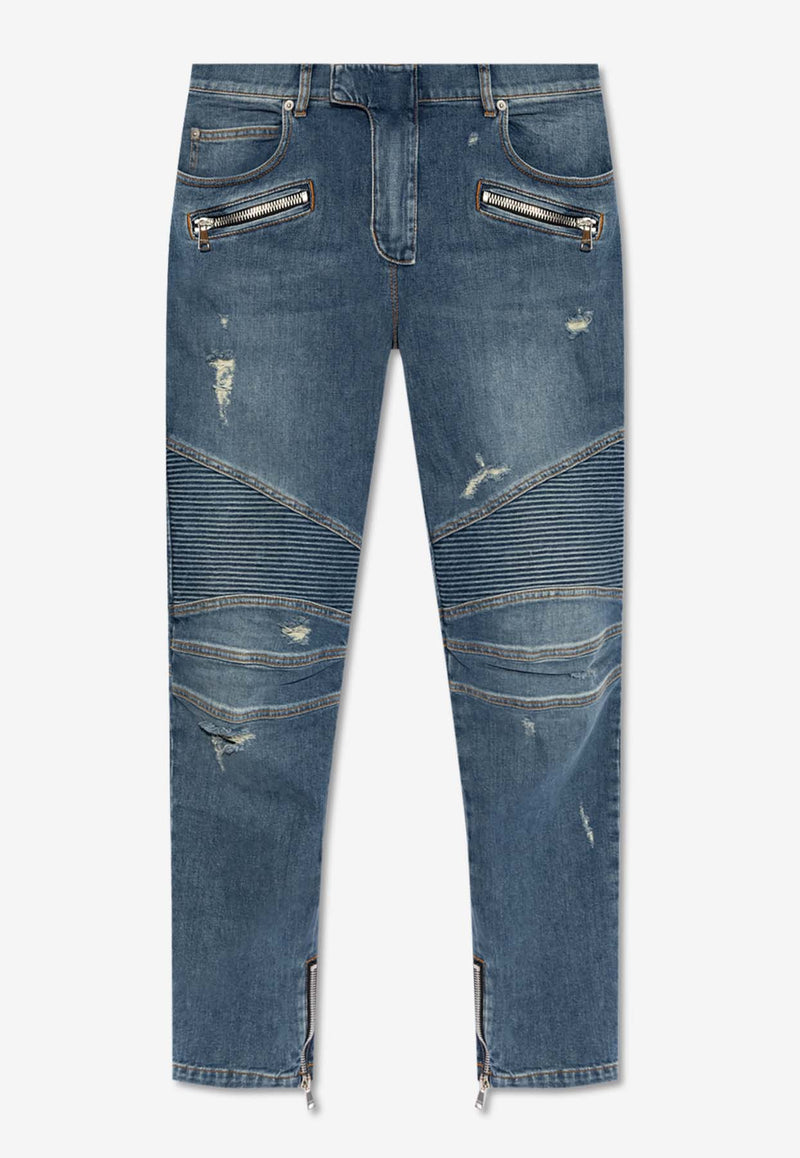 Balmain Distressed Slim Biker Jeans Blue DH1MG009 DE57-6KD