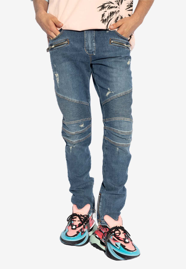 Balmain Distressed Slim Biker Jeans Blue DH1MG009 DE57-6KD